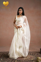 Pearl White Zari Moti Embroidered Organza Saree