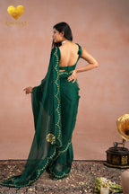 Emerald Green Zari Moti Embroidered Organza Saree