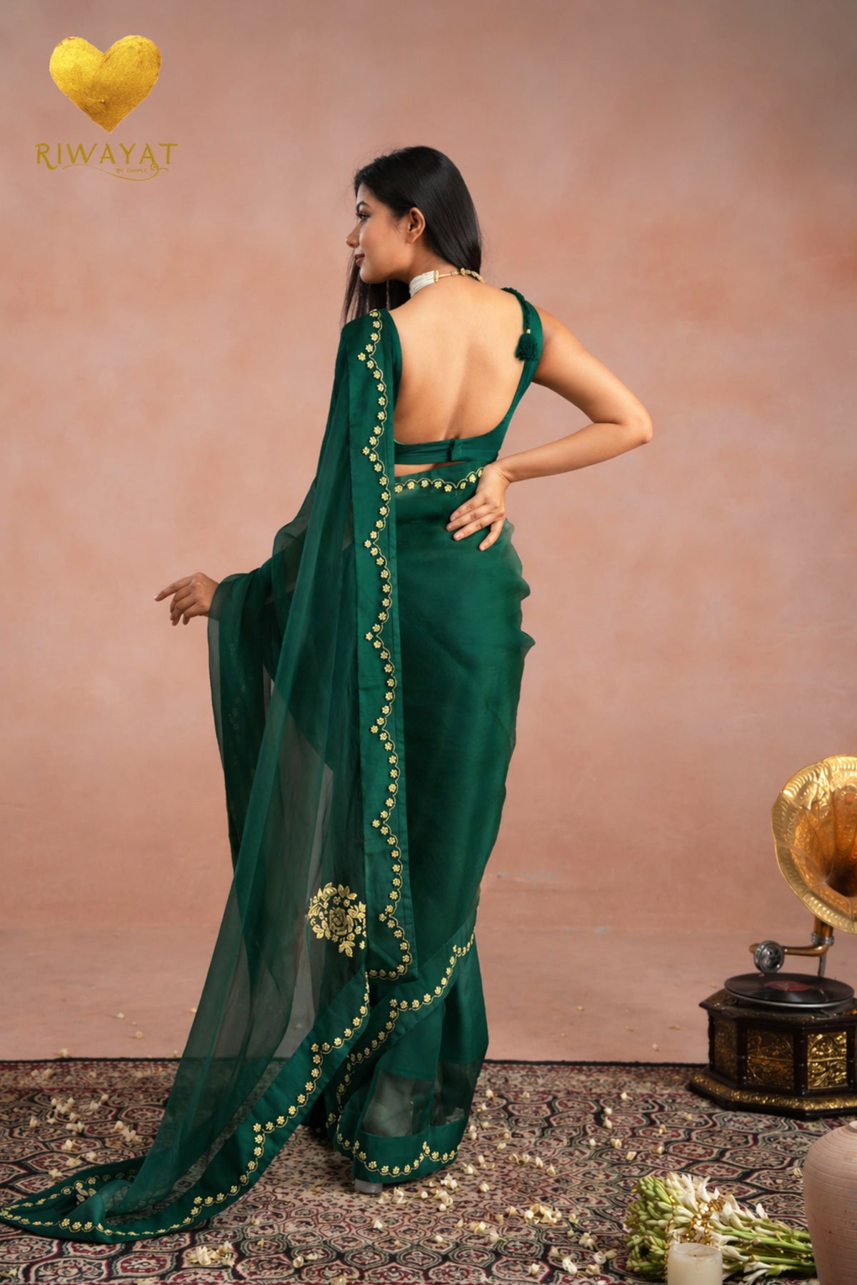 Emerald Green Zari Moti Embroidered Organza Saree