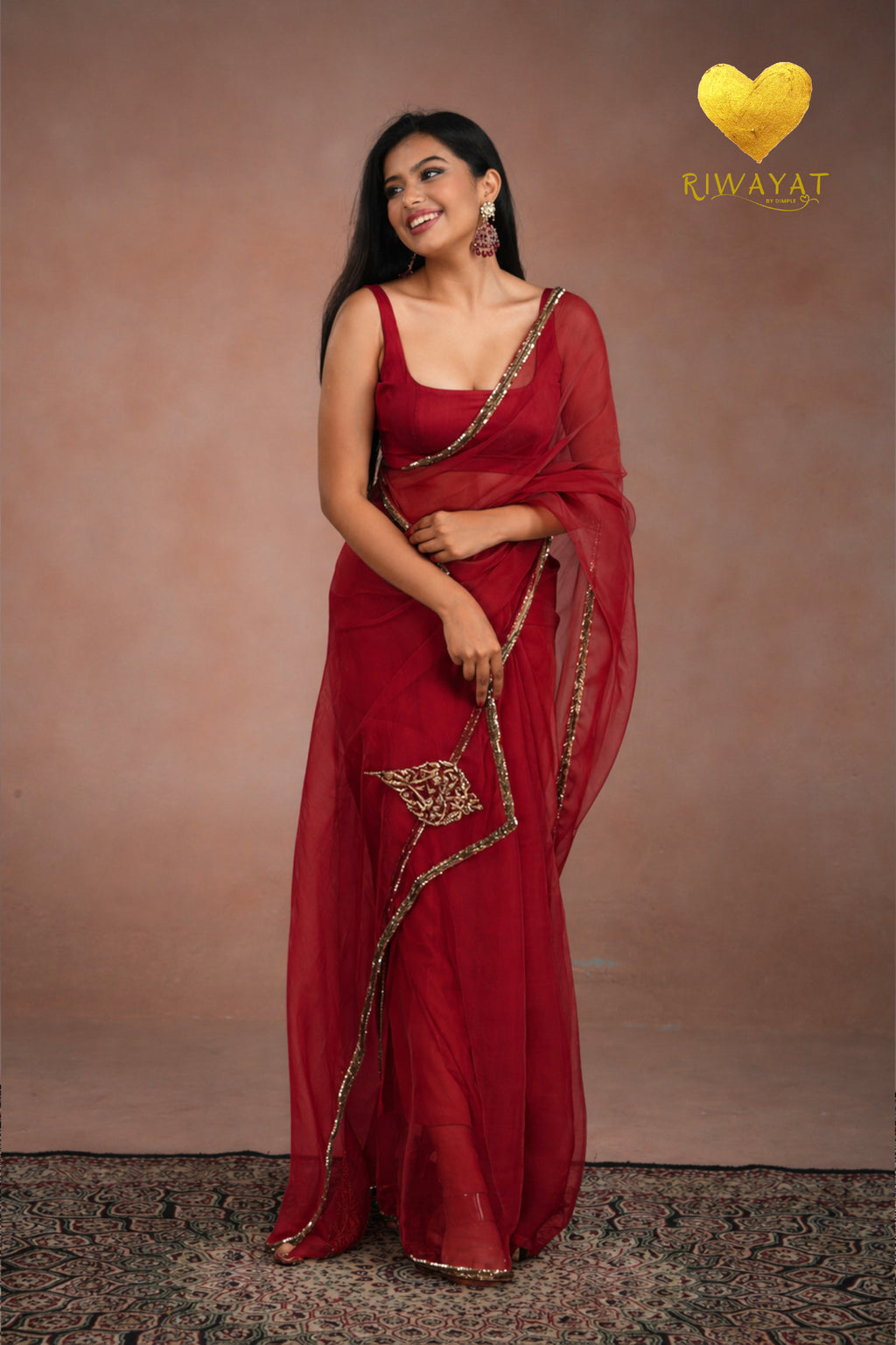 Deep Red Organza Saree With Golden Brown Cutdana Kashmiri Leaf Hand Embroidery
