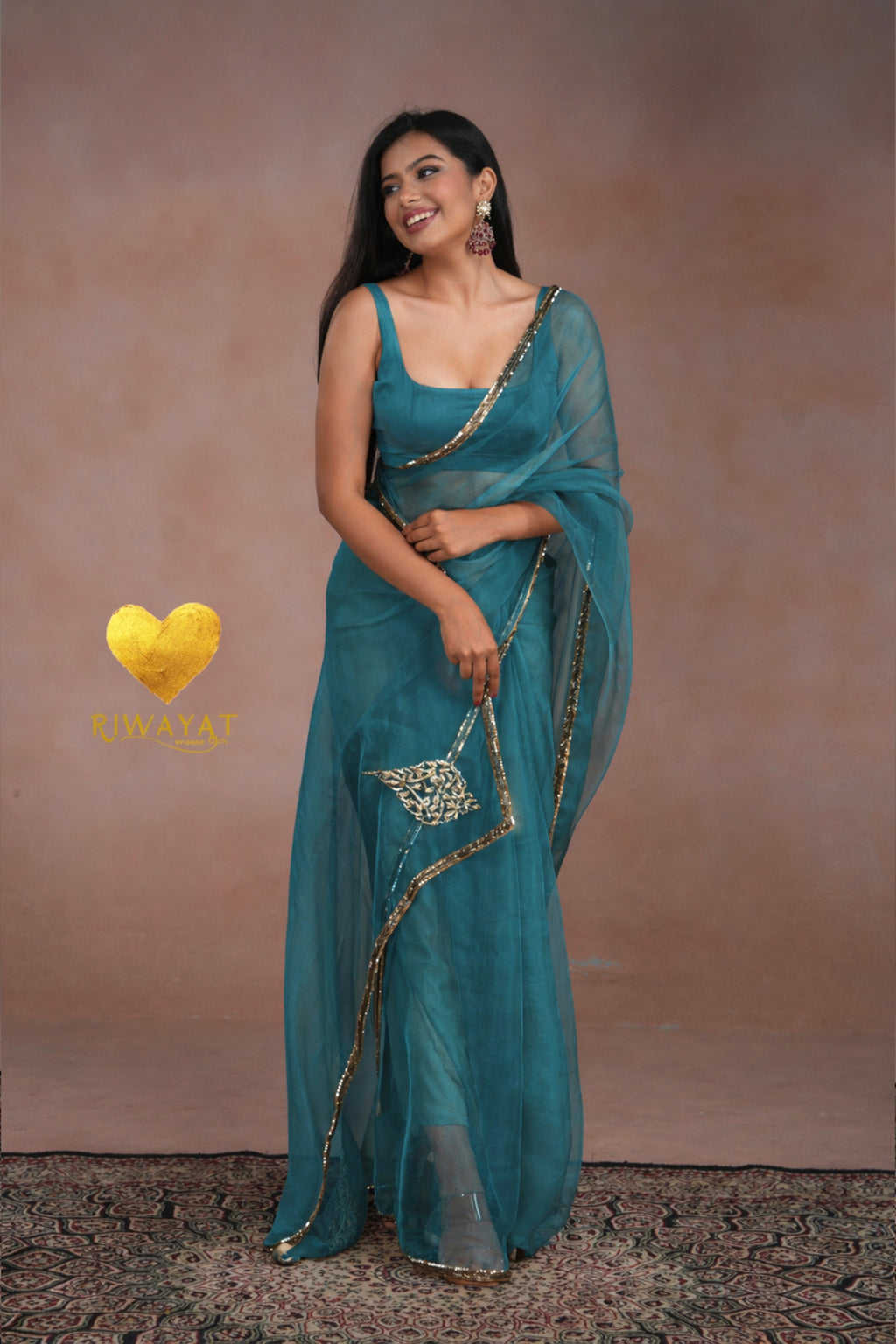 Teal Organza Saree With Golden Brown Cutdana Kashmiri Leaf Hand Embroidery