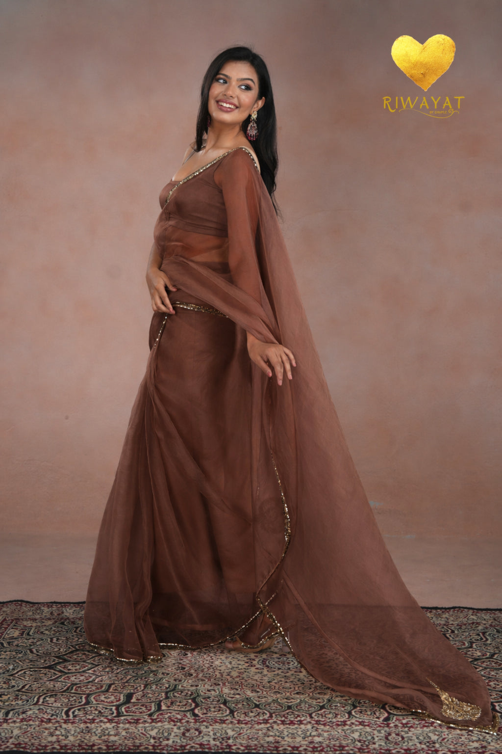 Coke Organza Saree With Golden Brown Cutdana Kashmiri Leaf Hand Embroidery