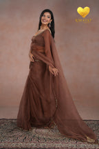 Coke Organza Saree With Golden Brown Cutdana Kashmiri Leaf Hand Embroidery
