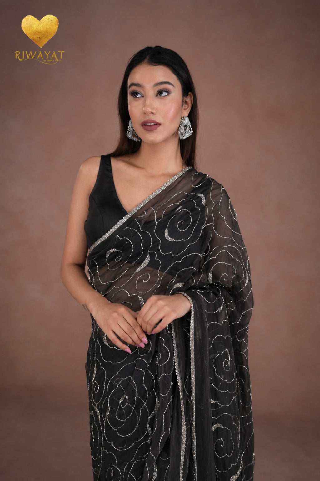 Black Organza Saree with Floral Swirl Embroidery