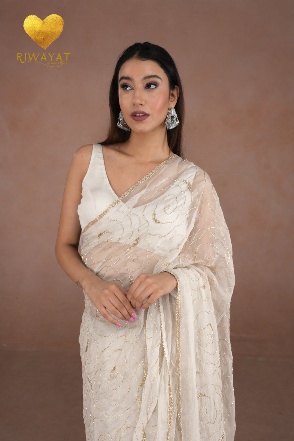 Ice White Organza Saree with Floral Swirl Embroidery