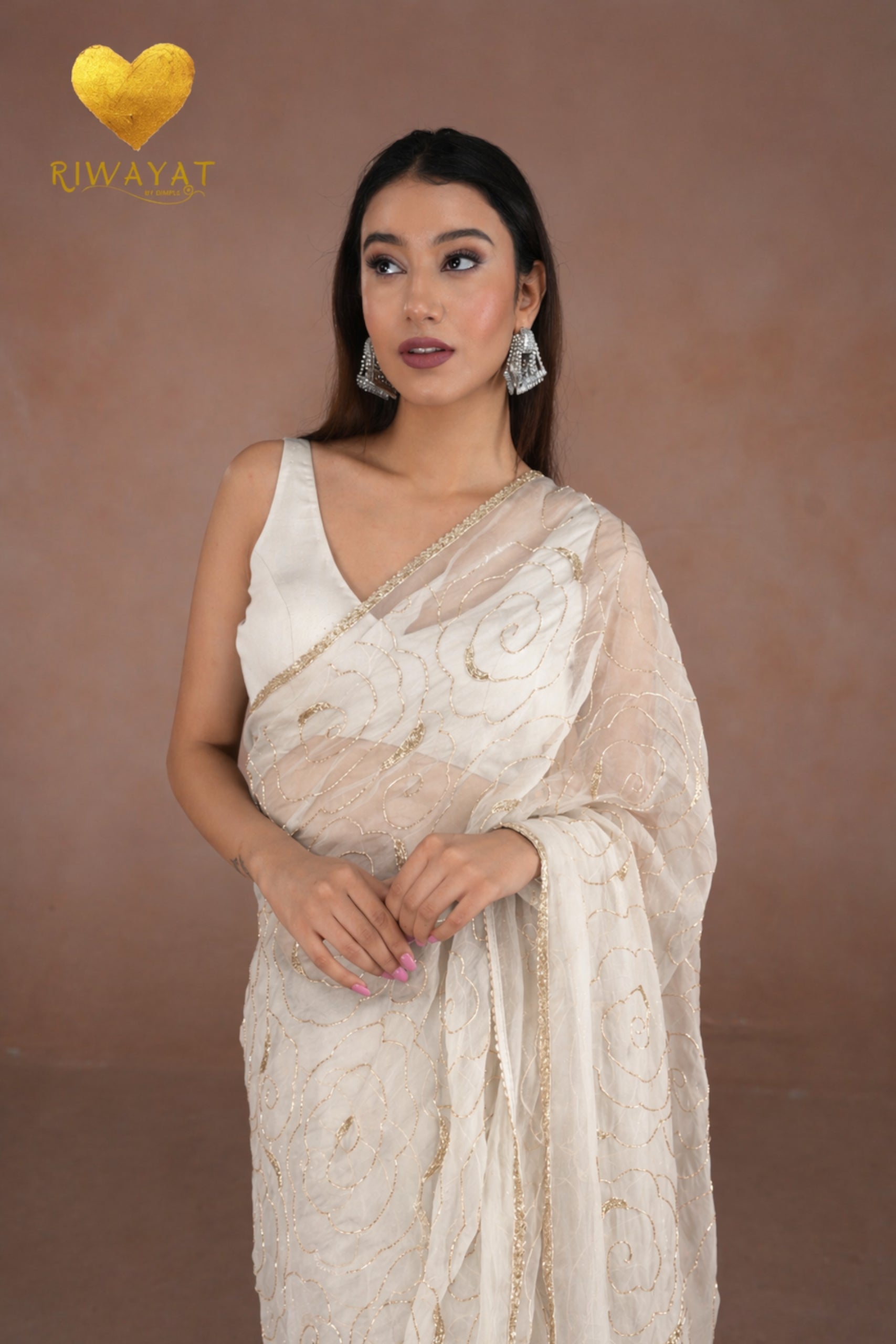Ice White Organza Saree with Floral Swirl Embroidery