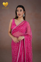 Deep Pink Organza Saree with Floral Swirl Embroidery