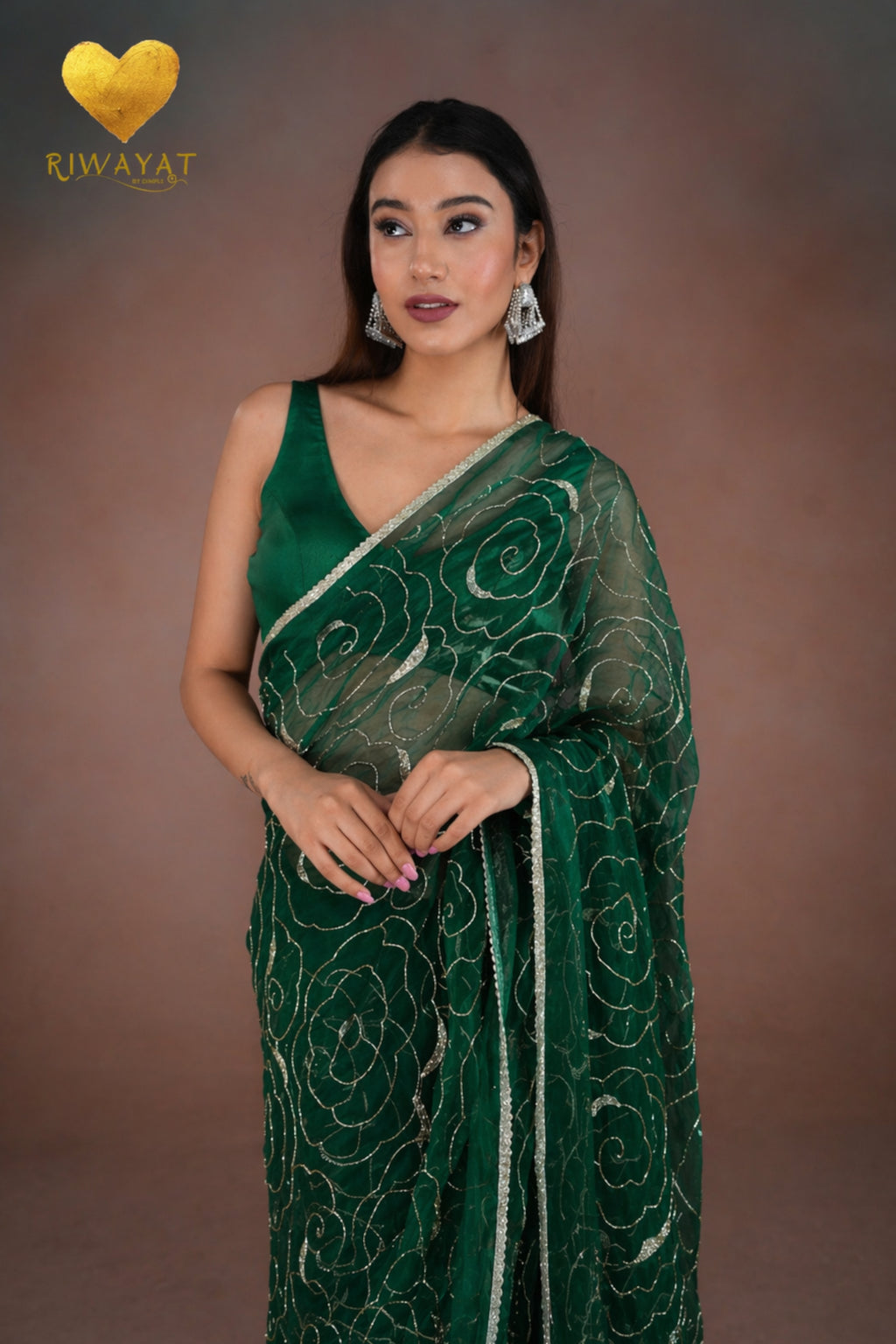 Emerald Green Organza Saree with Floral Swirl Embroidery