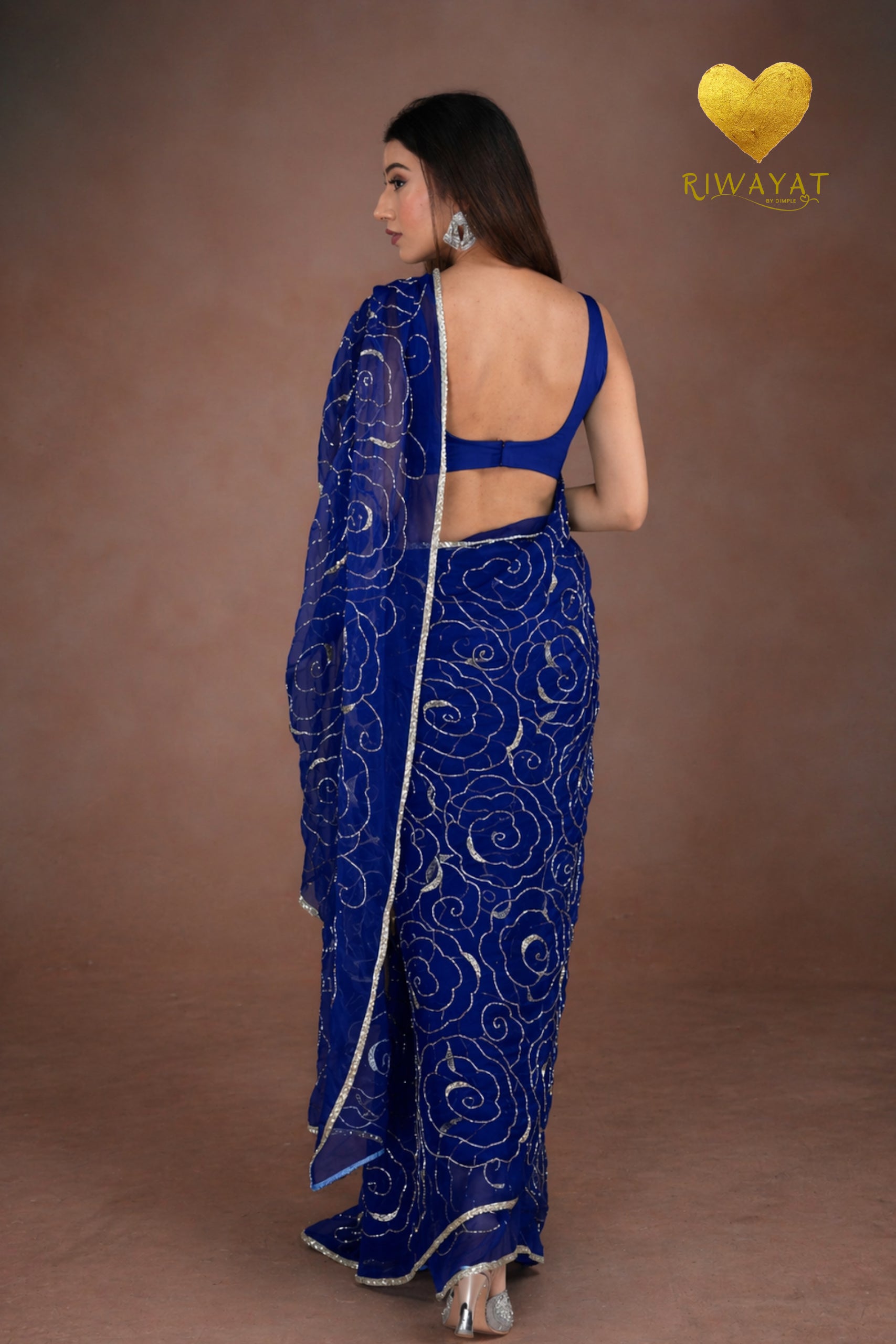Royal Blue Organza Saree with Floral Swirl Embroidery