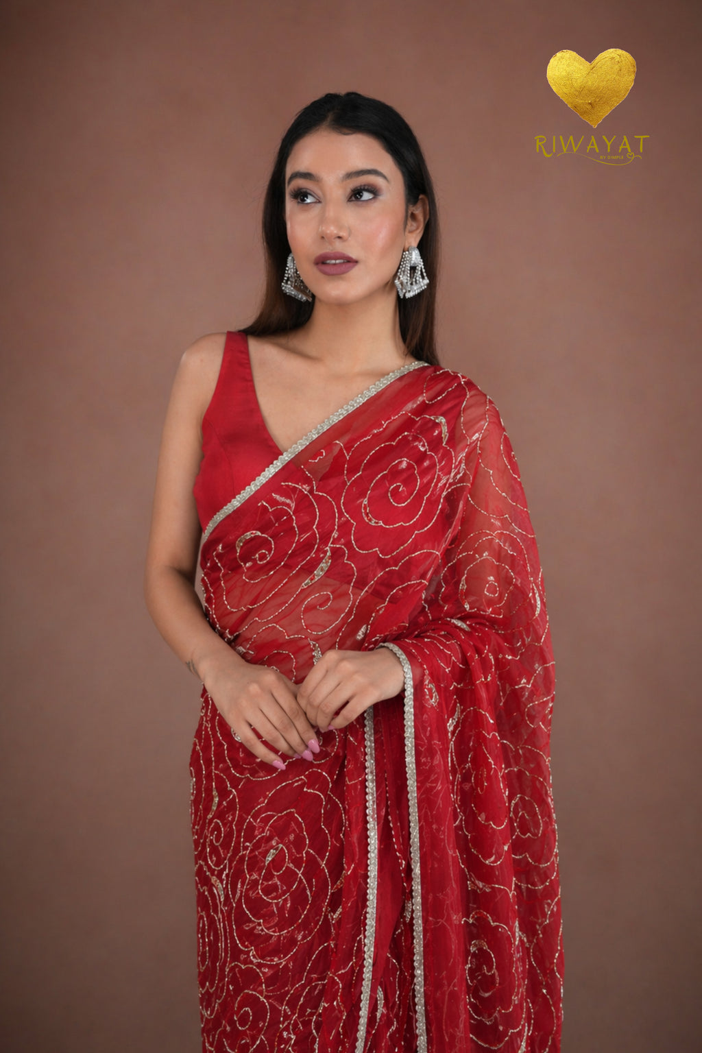 Scarlet Red Organza Saree with Floral Swirl Embroidery