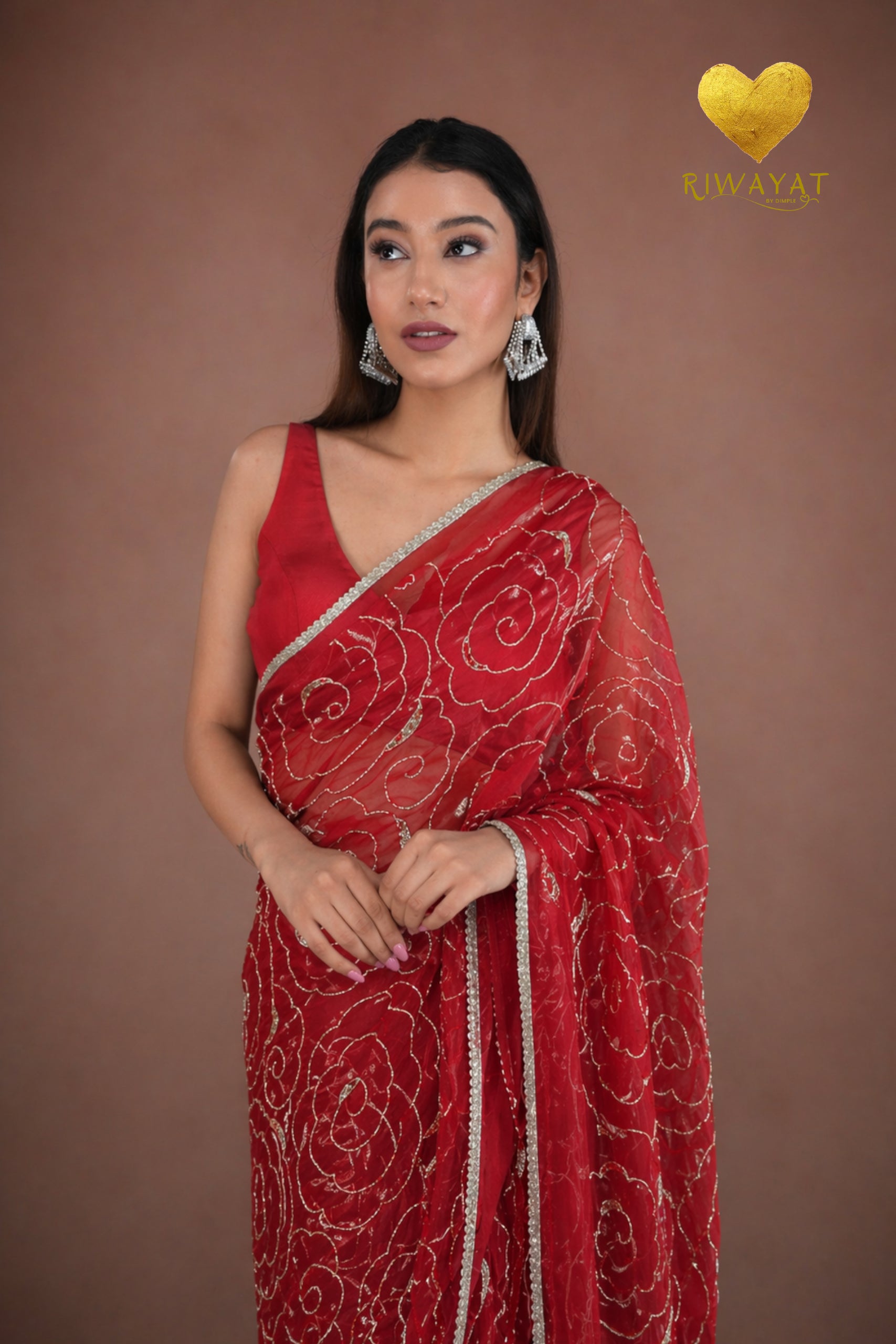 Scarlet Red Organza Saree with Floral Swirl Embroidery