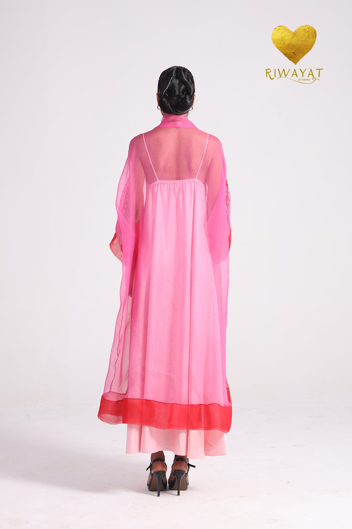 Yalla Habibi Blush Pink Dress with Pink & Red Sheer Jacket