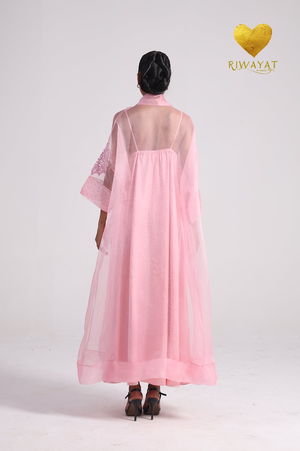 Yalla Habibi Blush Pink Dress with Floral Sheer Jacket