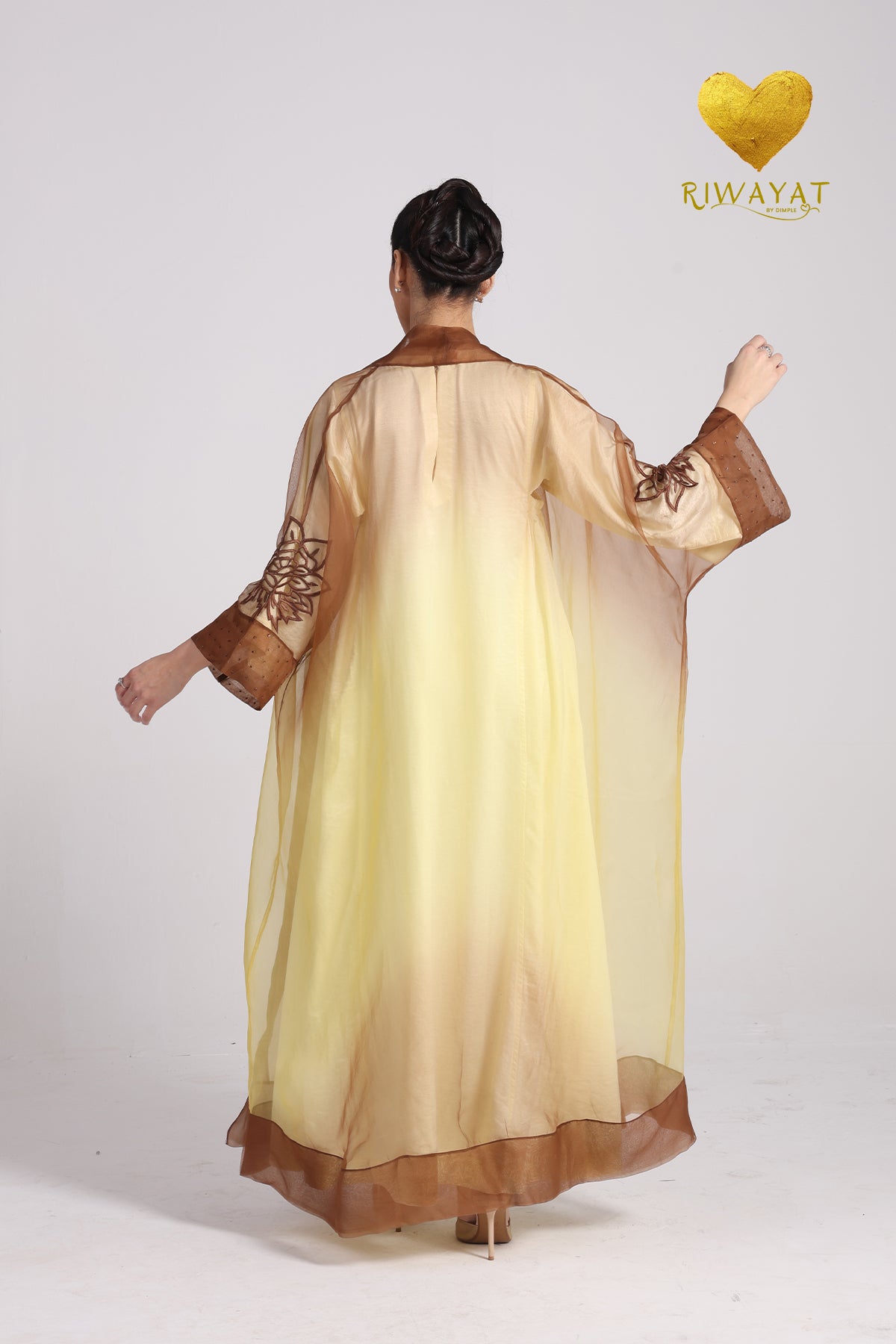 Yalla Habibi Pale Yellow Dress with Brown Floral Sheer Jacket