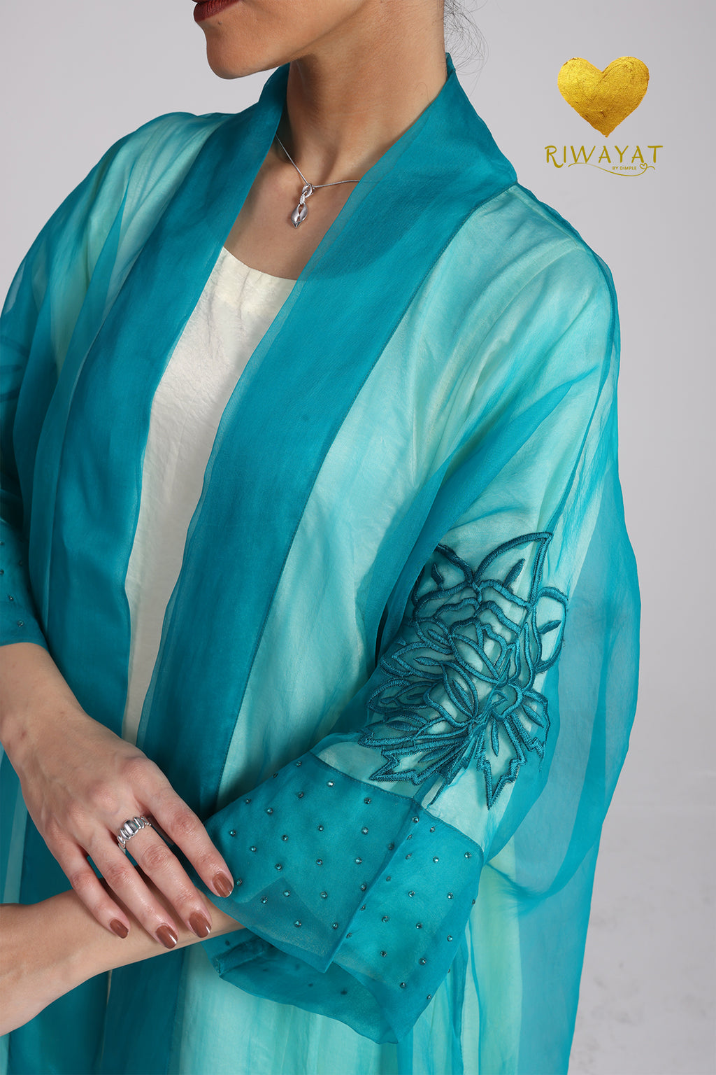 Yalla Habibi Ivory Dress with Teal Floral Sheer Jacket