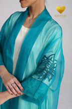 Yalla Habibi Ivory Dress with Teal Floral Sheer Jacket