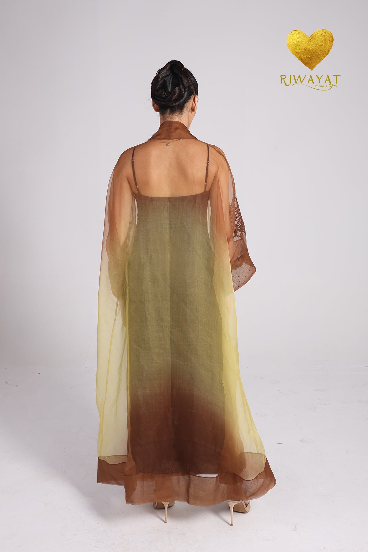 Yalla Habibi Burgundy Dress with Brown & Yellow Sheer Jacket