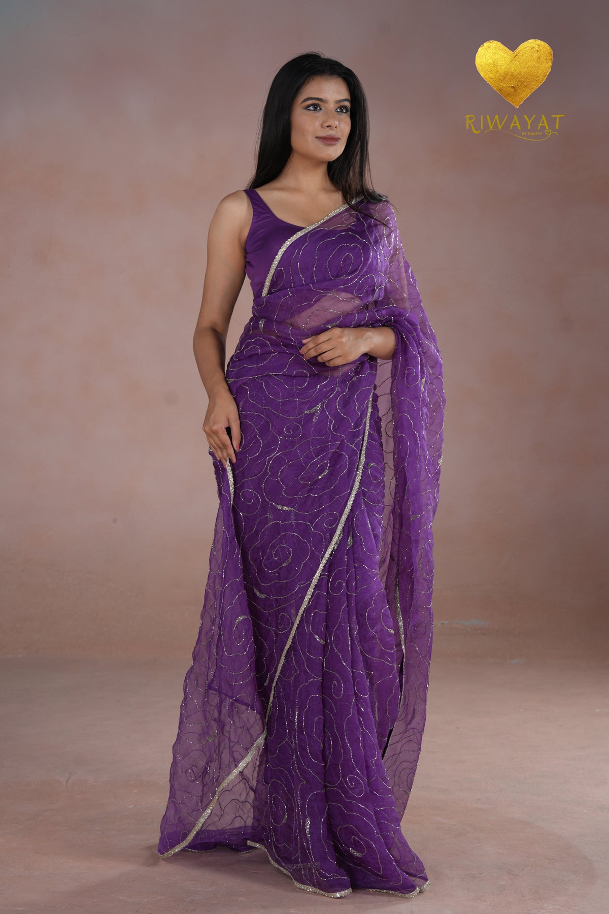 Organza Saree with Floral Swirl Embroidery