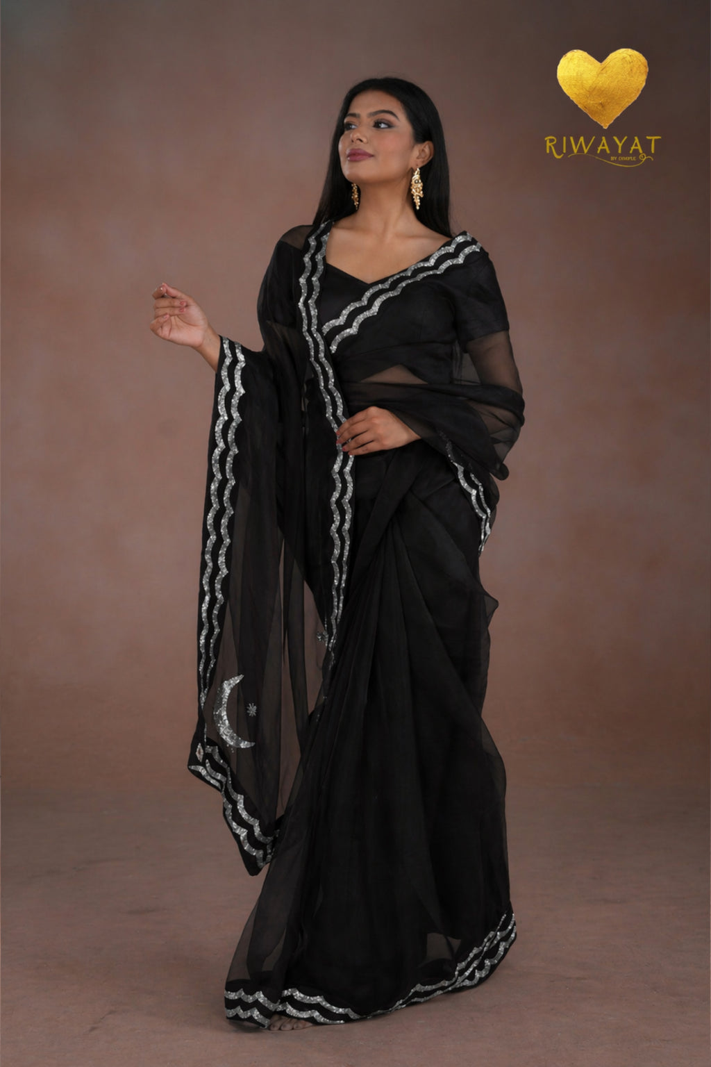Jet Black Silver & Gold Edge Saree