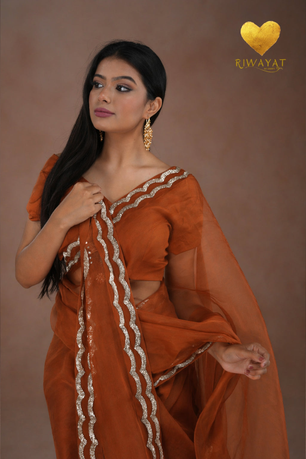 Rust Orange Silver & Gold Edge Saree