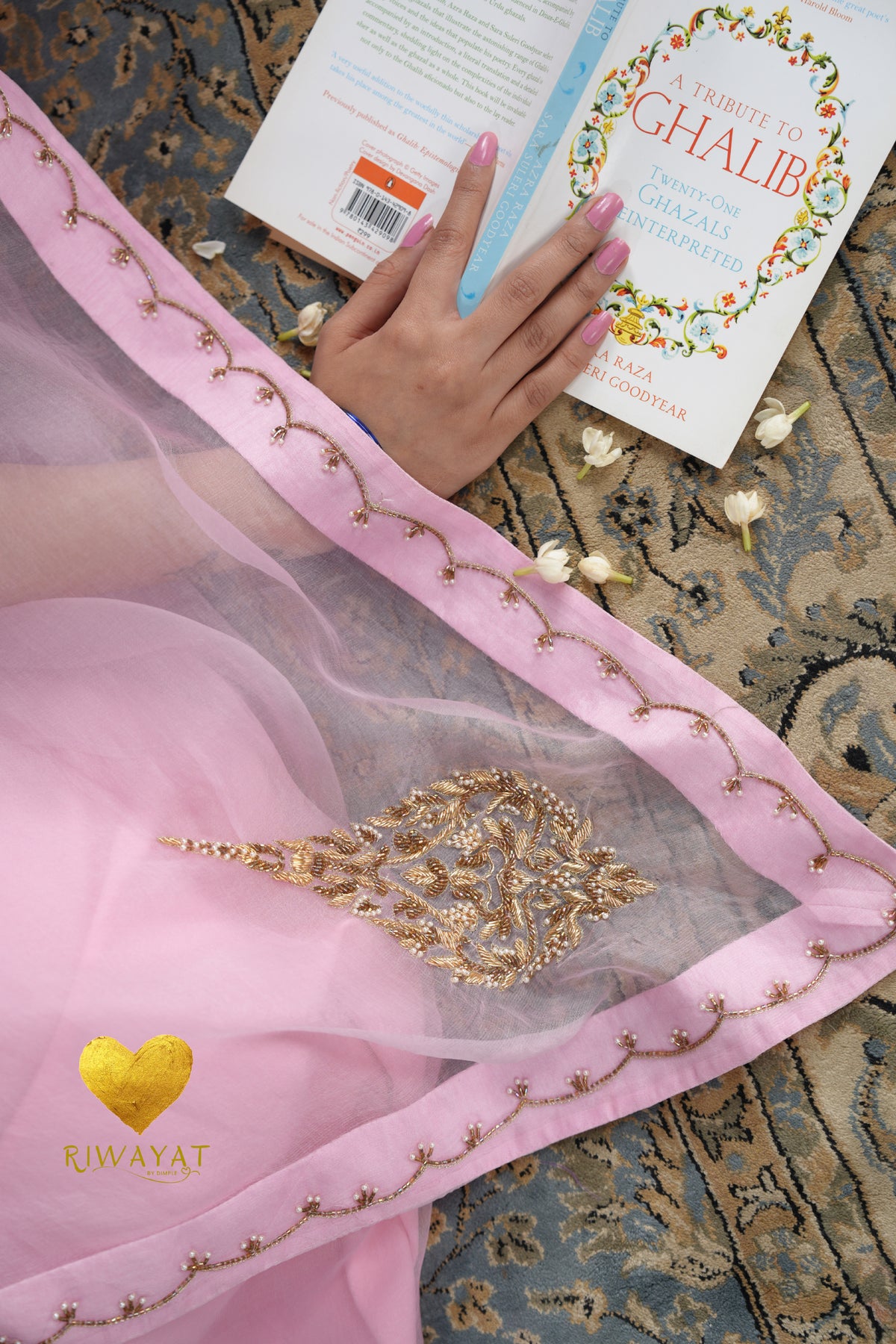 Baby Pink Kashmiri Leaf & Motif Embroidered Organza Saree