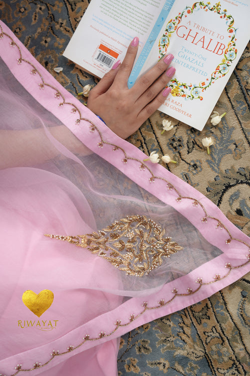 Baby Pink Kashmiri Leaf & Motif Embroidered Organza Saree