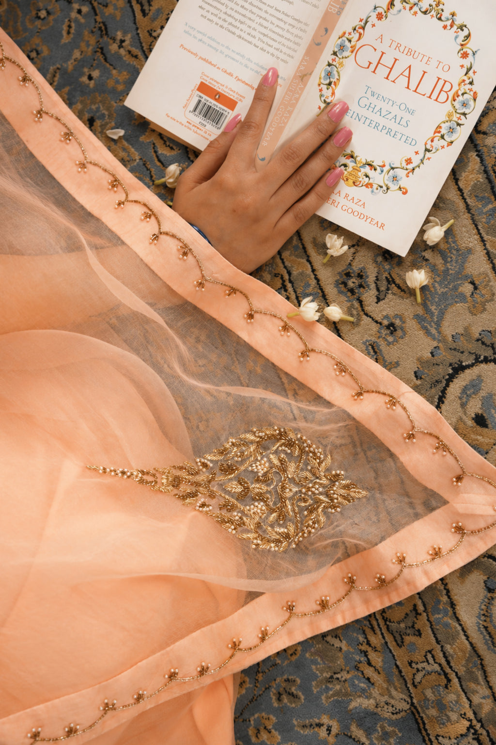 Pastel Peach Kashmiri Leaf & Motif Embroidered Organza Saree