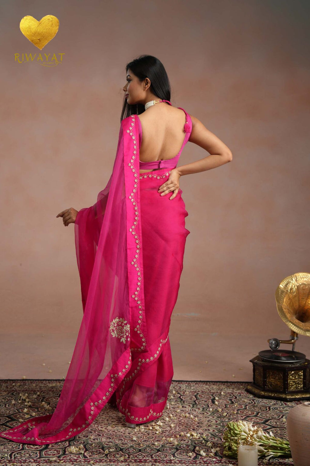 Rani Pink Zari Moti Embroidered Organza Saree