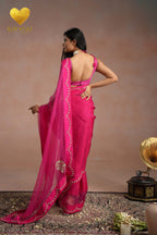 Rani Pink Zari Moti Embroidered Organza Saree