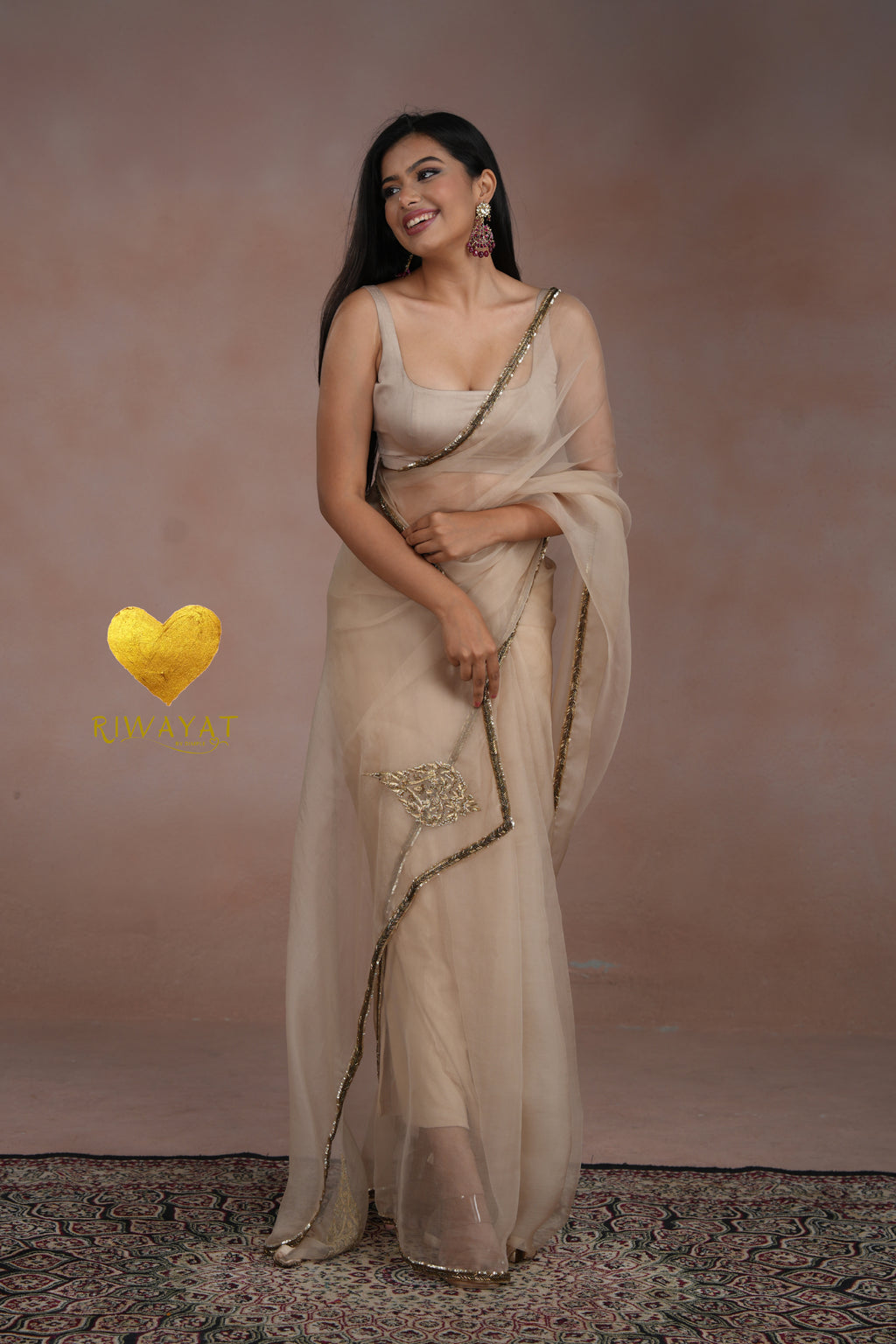 Ivory Organza Saree With Golden Brown Cutdana Kashmiri Leaf Hand Embroidery