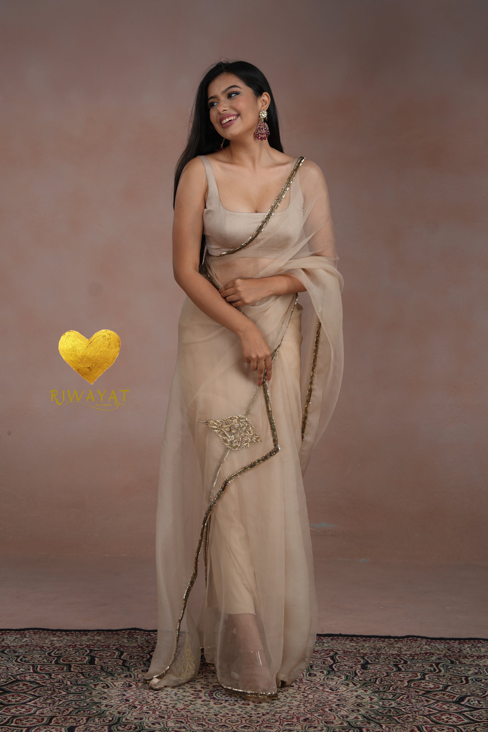 Ivory Organza Saree With Golden Brown Cutdana Kashmiri Leaf Hand Embroidery
