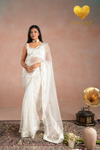 Pearl White Zari Moti Embroidered Organza Saree