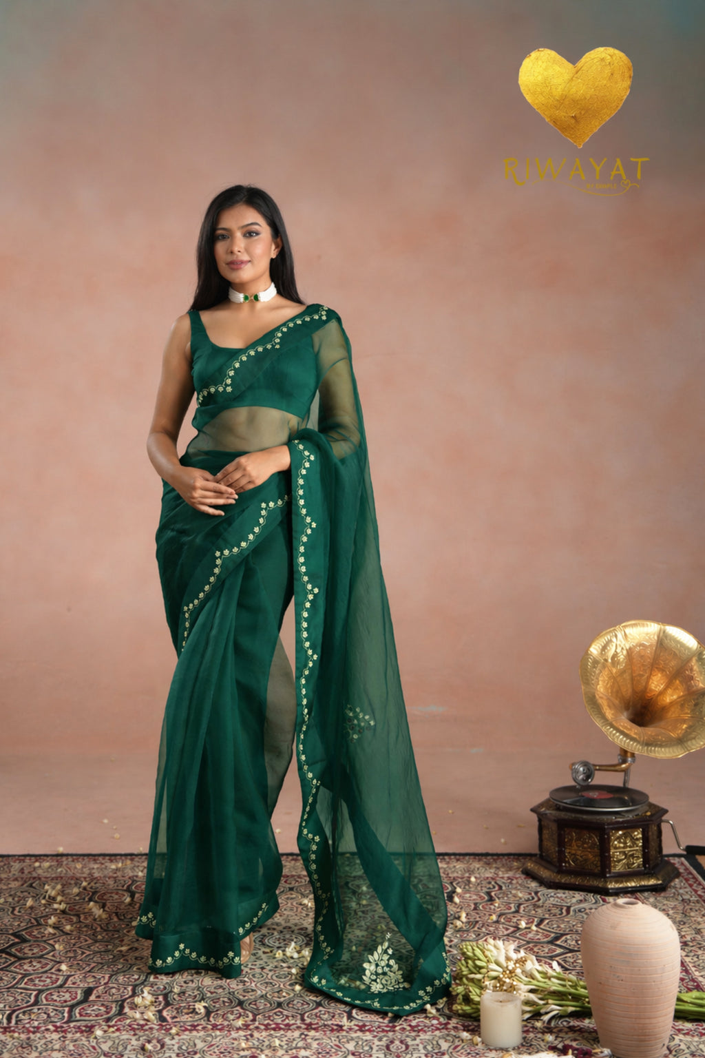 Emerald Green Zari Moti Embroidered Organza Saree