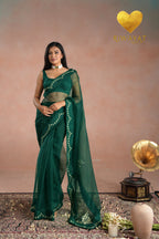 Emerald Green Zari Moti Embroidered Organza Saree