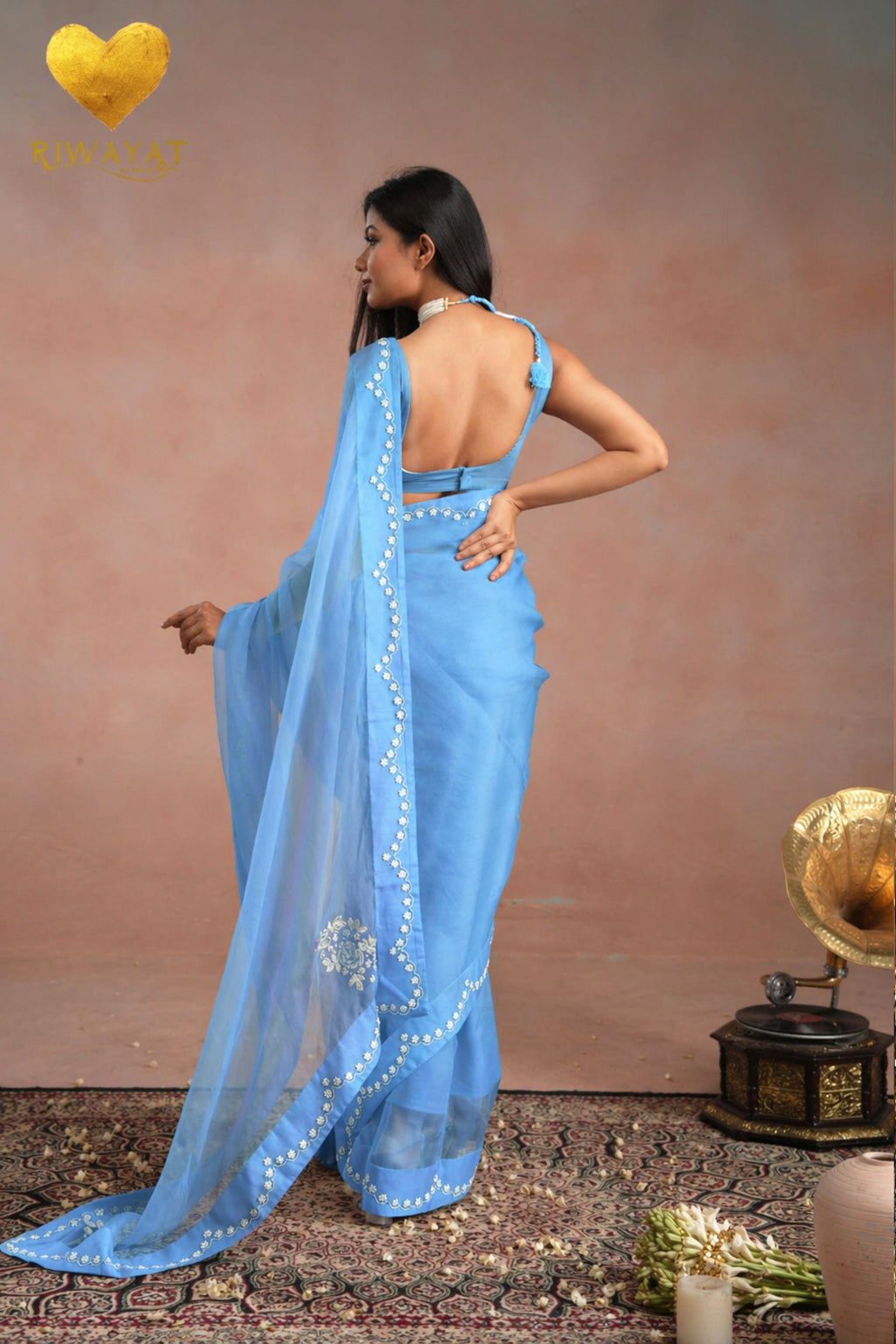 Baby Blue Zari Moti Embroidered Organza Saree