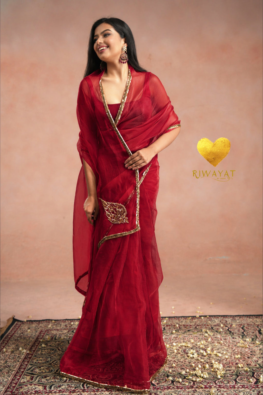 Deep Red Organza Saree With Golden Brown Cutdana Kashmiri Leaf Hand Embroidery