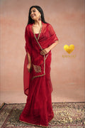 Deep Red Organza Saree With Golden Brown Cutdana Kashmiri Leaf Hand Embroidery