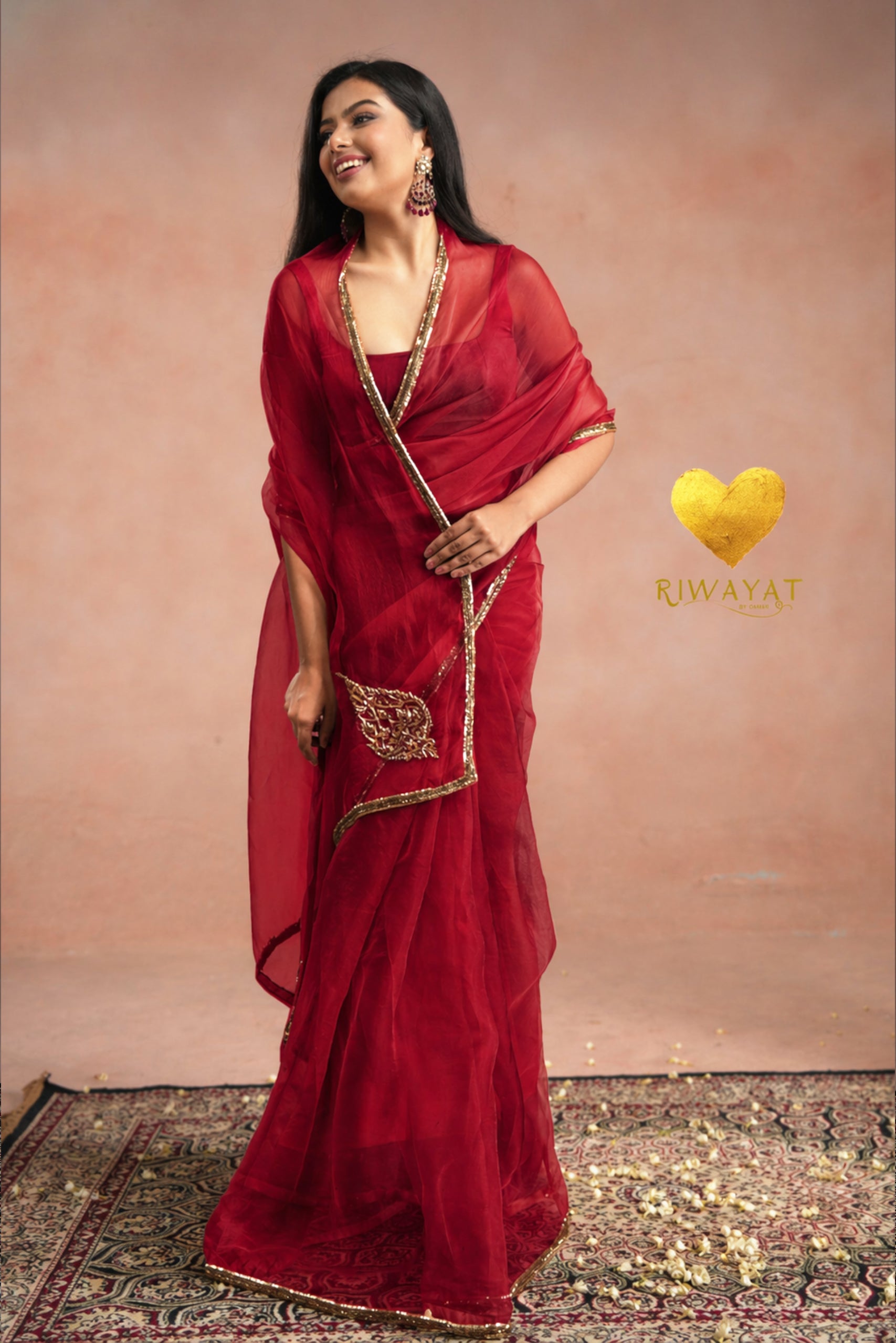 Deep Red Organza Saree With Golden Brown Cutdana Kashmiri Leaf Hand Embroidery