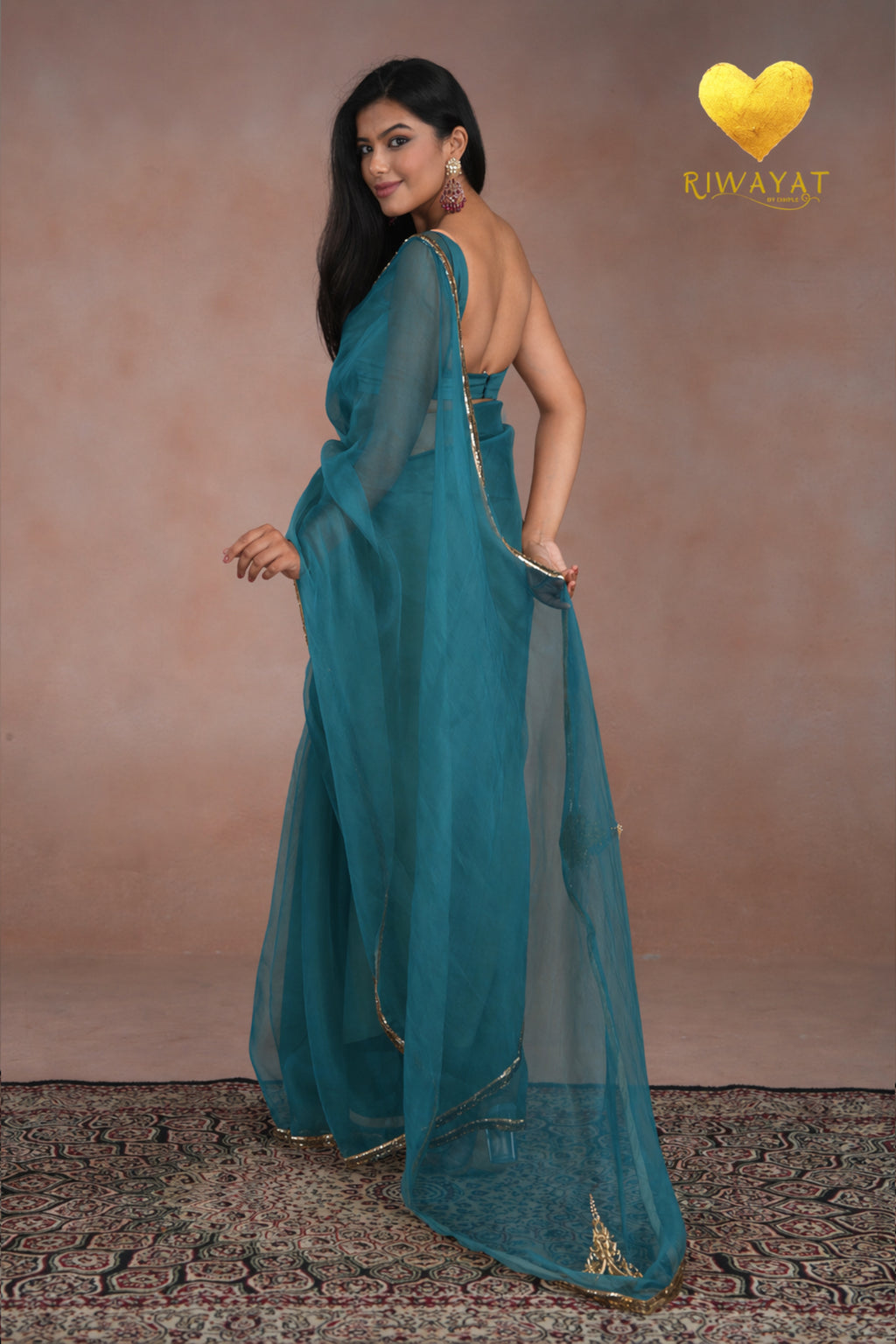Teal Organza Saree With Golden Brown Cutdana Kashmiri Leaf Hand Embroidery