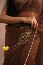 Coke Organza Saree With Golden Brown Cutdana Kashmiri Leaf Hand Embroidery