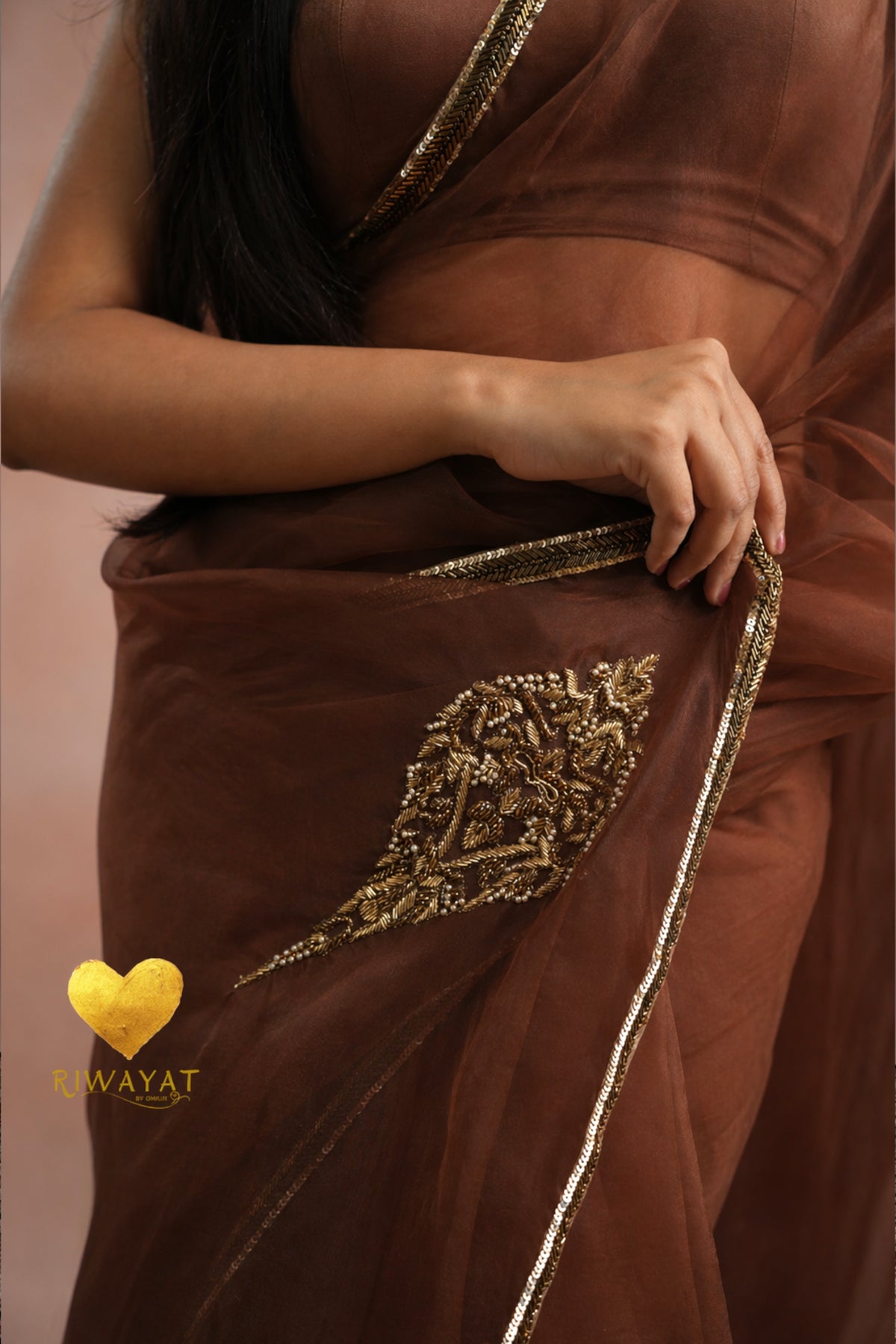 Coke Organza Saree With Golden Brown Cutdana Kashmiri Leaf Hand Embroidery