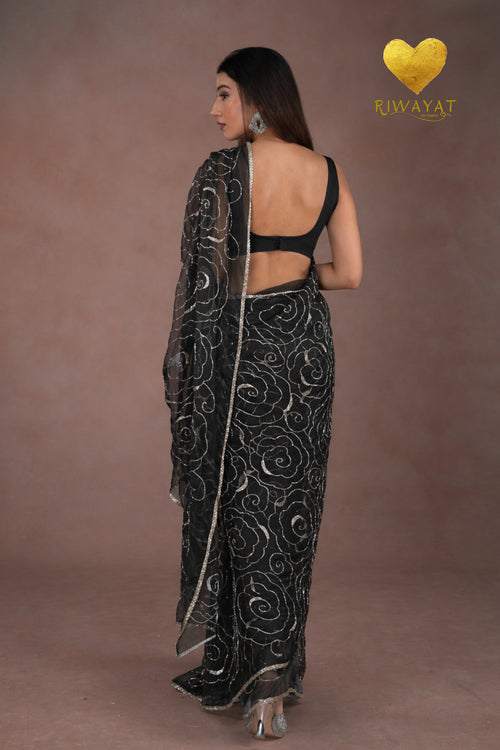 Black Organza Saree with Floral Swirl Embroidery