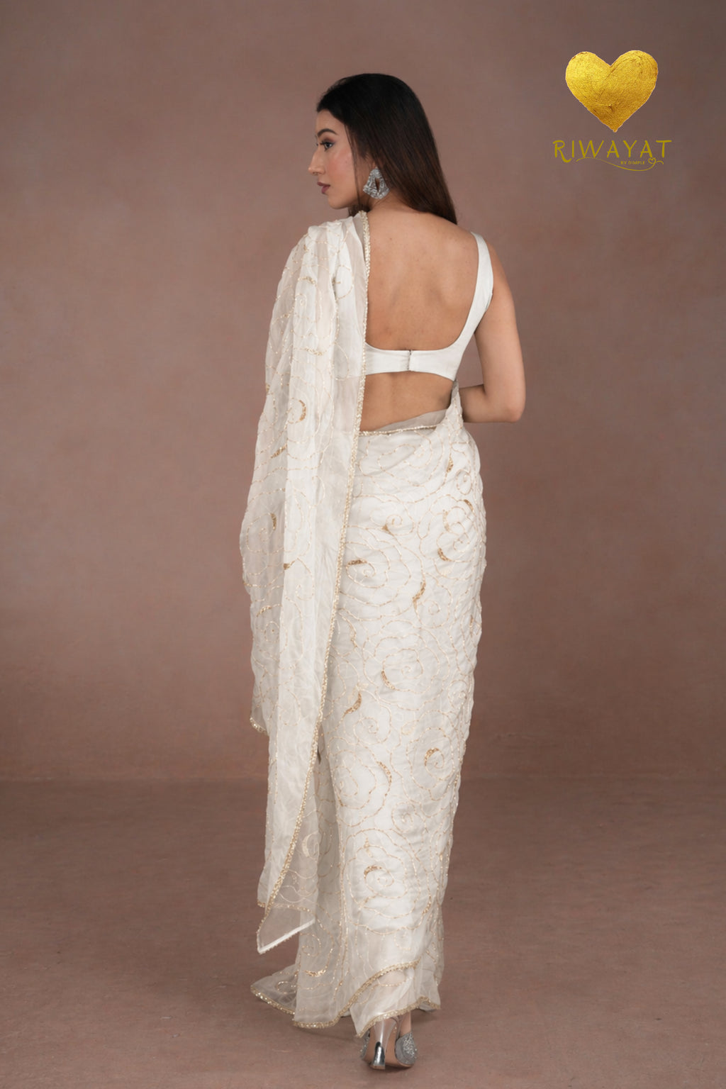 Ice White Organza Saree with Floral Swirl Embroidery