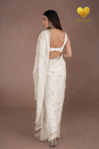 Ice White Organza Saree with Floral Swirl Embroidery