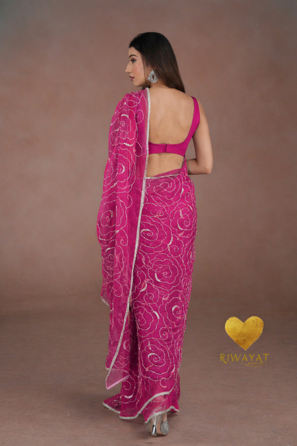 Deep Pink Organza Saree with Floral Swirl Embroidery