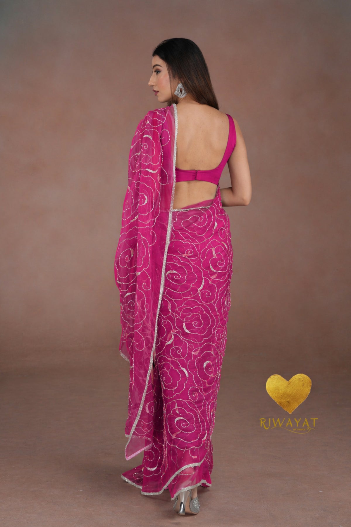 Deep Pink Organza Saree with Floral Swirl Embroidery