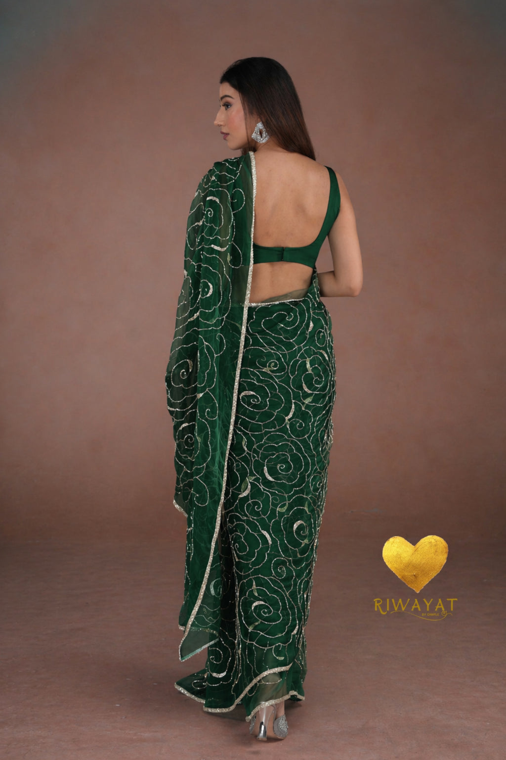 Emerald Green Organza Saree with Floral Swirl Embroidery