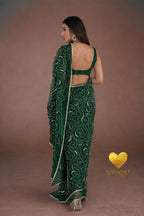 Emerald Green Organza Saree with Floral Swirl Embroidery