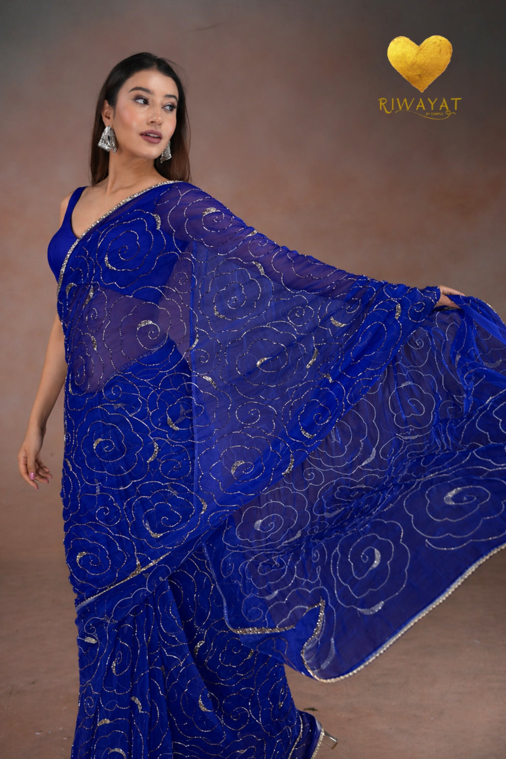 Royal Blue Organza Saree with Floral Swirl Embroidery