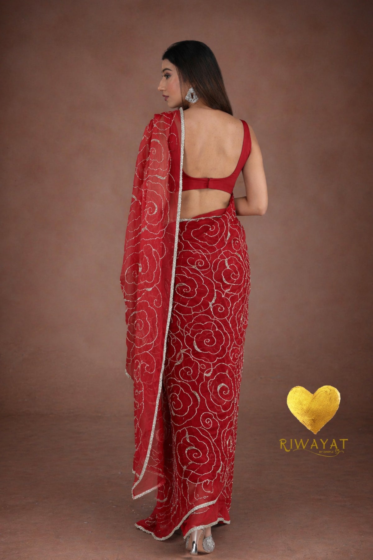 Scarlet Red Organza Saree with Floral Swirl Embroidery